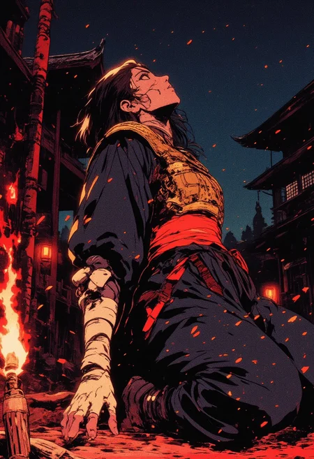 fantasy stylised illustration, anime style, dark scene illuminated only by the torch in hand, full body shot, close up, dynamic pose, perfect composition, red glowing particles flying, 1girl, covered in shadows shinobi in a dark clothes, feudal Japanese background, (kneeling in the dirt, mud, touching the ground with her hand) (holding torch in other hand), midnight, starry skies, baggy clothes moving on the wind, bright glowing gold pauldron striped through the whole body, huge glowing red waist, long cloth gloves, white bandages on hands, looking up, exhausted expression, stature is agile and very graceful, woman, style of Edwin Austin Abbey, ne0nfant4sy,