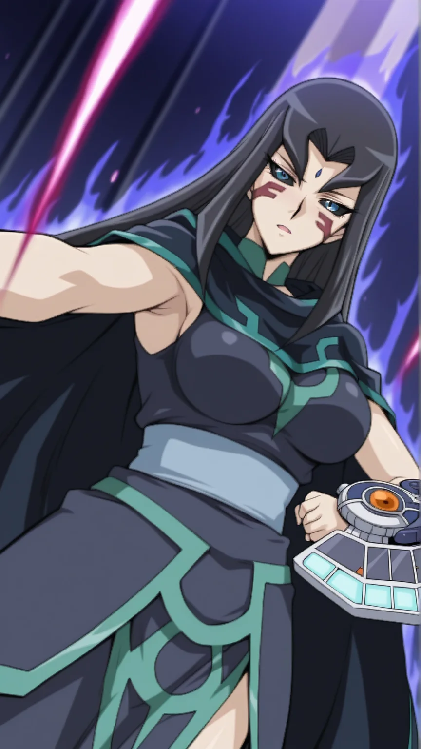 source_anime, general, best quality, masterpiece, 1girl, <lora:Misty_Lola_ill_v1.1:1> misty_lola \(yu-gi-oh!\),blue eyes,colored sclera, black sclera,black hair, long hair, large breasts,facial mark, forehead jewel,tsurime,mature female,black cape, black_dress,holding card, duel disk, dynamic pose, dutch angle, dark aura,
