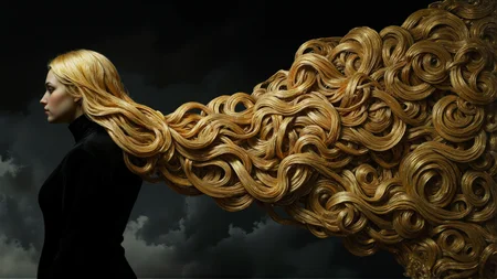 A intricate golden Scottish mature plump female vampire with long gold metallic hair stands in profile at one side of the image, silhouetted by a stormy background. Her long hair streams out behind her in an unseen wind, twisting and turning in elaborate waves and coils. Although the character's lips and nose are distinct, the rest of her head and body has fragmented and stretches out behind her, elongated into languorous tendrils that weave in and out of each other. On the other side of the image, the tendrils all blend into an incredible organic pattern of whorls, spirals and waves. Overall, the image is a semi-abstract digital artwork, exploring the boundaries of purity, deconstruction and the beauty that can arise from chaos. <lora:flux.1_lora_flyway_Epic-detail_v2:0.55> <lora:flux_realism_lora:0.35> <lora:Midjourney_Whisper_Chromaplex_Velvet_Myst_v01:0.25> <lora:di-filigree-relief_v10-11:0.25>