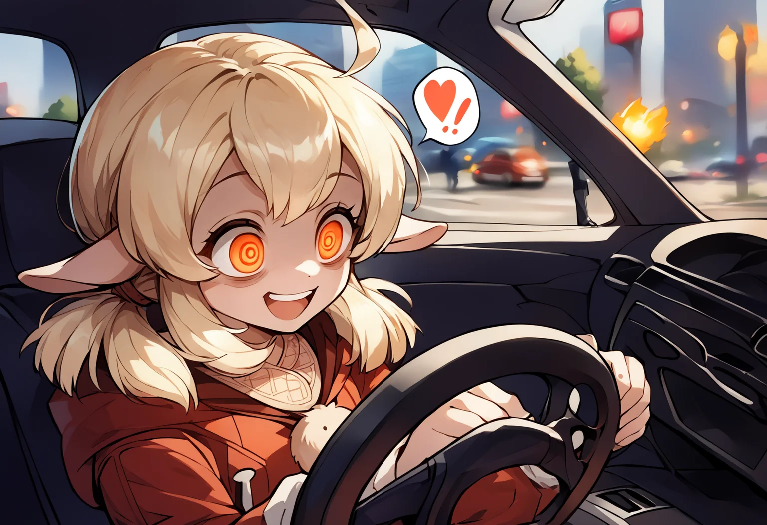 long exposure photo of score_9, score_8_up, score_7_up, score_6_up, score_5_up, score_4_up, source_anime, uncensored, zPDXLxxx, <lora:intricate_details:1> intricate_details_xl, car interior, steering wheel, upper body, burning in background, car crash, streets, city
<lora:Klee_Genshin_Impact_v1.0-000040:1>, klee, andoseru, jumpy dumpty, red coat, solo, orange eyes, blonde hair, low twintails, driving, driving, wide-eyed, blank eyes, spoken question mark, hands on steering wheel, crazy eyes, crazy smile, shaded face, . Blurred motion, streaks of light, surreal, dreamy, ghosting effect, highly detailed