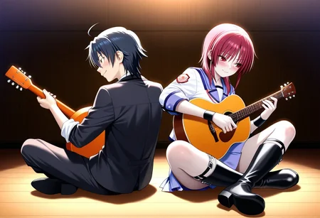 <lora:AngelBeats_Iwasawa-v1-07:0.6>, <Hikigaya_Hachiman_-_Oregairu_(IL)_v1>masterpiece, 1girl, ChopioIwasawa, Masami Iwasawa, //(Angel Beats!//) 1girl, pink-red hair, chin-length hair, long side locks, red eyes, cheerful expression, smiling, sailor school uniform, sleeves rolled up, black wristbands, black calf-high boots, sitting, holding acoustic guitar, orange guitar, playing musical instrument
1boy, messy black hair, pale skin, dead fish eyes, embarrassed expression, blushing, looking away, shy, black school blazer, white shirt, sitting, holding electric guitar, back to back with girl, playing musical instrument
anime style, warm lighting, wooden stage, full body, realistic proportions, emotional contrast, expressive, detailed background, soft shading