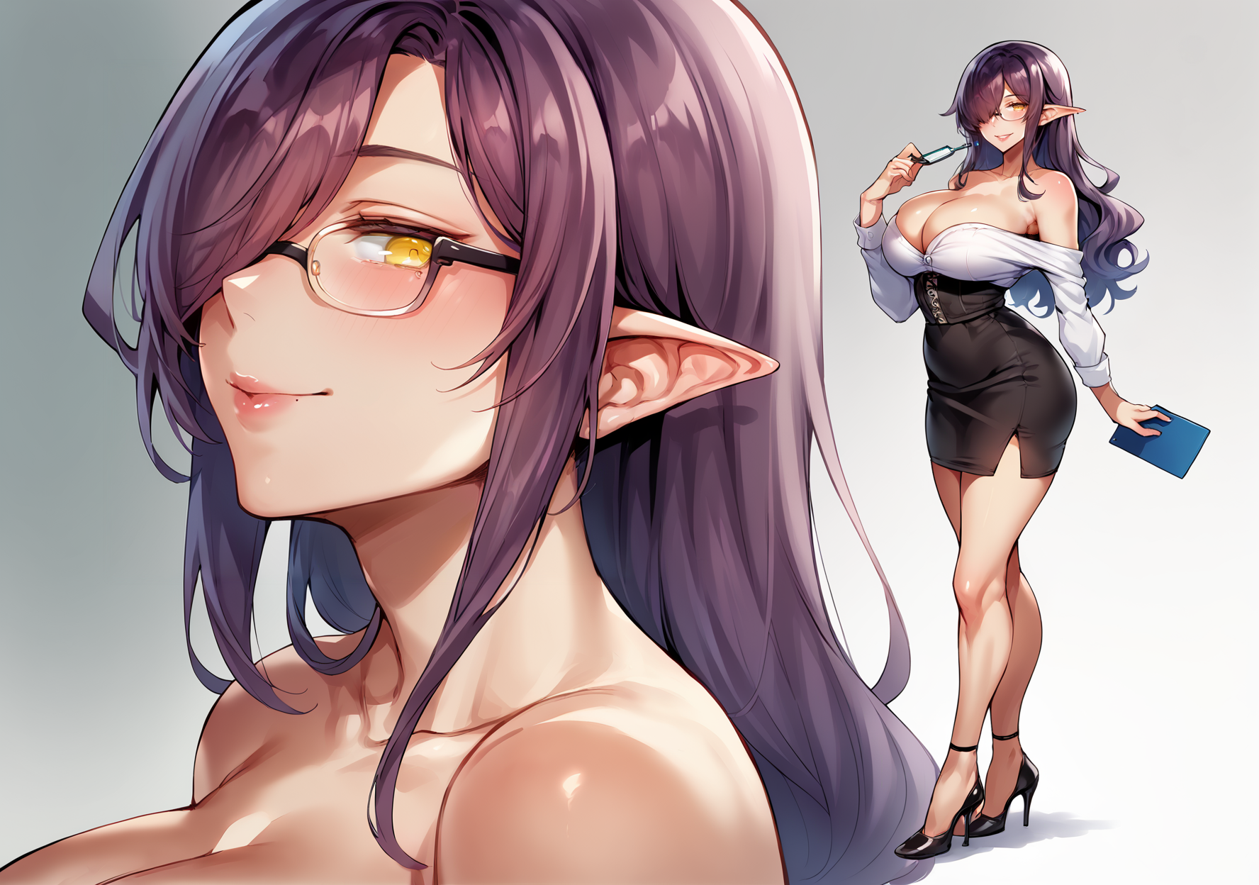 score_9, score_8_up, 1girl,  purple hair, huge breasts,   yellow eyes,  pointy ears,  bare shoulders,  strapless  corset, cleavage, office lady,  smile, lipgloss, glasses, , <lora:Pokoten-Style-PonyXL-000046:1>,  very long hair,   stiletto heels,   mole below eye,  high waist skirt, slim waist, hair over one eye, wavy hair, full body,  from side,