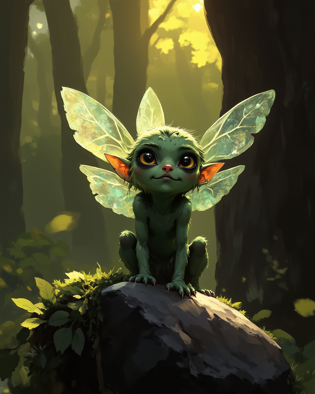 wc1dnd_style, in the style of cksc, Digital painting, a close-up of a tiny sprite with translucent, iridescent wings resembling dragonfly wings, perched delicately on a mossy stone. Its skin glimmers faintly with a soft green hue, and its wide, curious eyes reflect the golden glow of sunlight filtering through the forest canopy.
 <lora:Flux.Digital_Painting_DnD:1> <lora:ck-shadow-circuit-000021:0.4>
