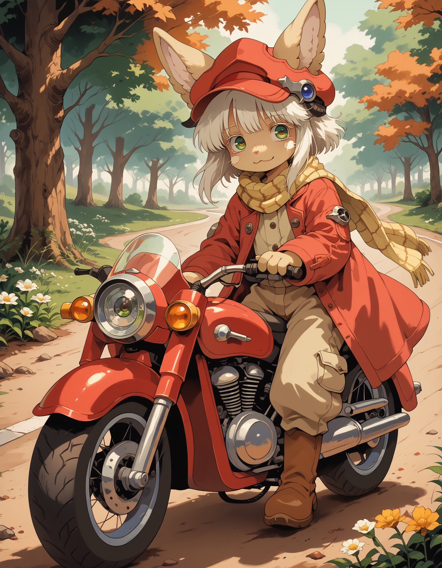 score_9, score_8_up, score_7_up, nanachi-helmetless, narehate,nanachi (made in abyss),green eyes,white hair,sidelocks,short hair,furry,tail,animal ears, lace up boots, brown trousers, cabbie hat, red coat, buttons, closed coat, yellow plaid scarf, smile, motorcycle, on motorcycle, driving, scooter, autumn, dirt road, trees, white flowers, knva, halftone effect, retro artstyle