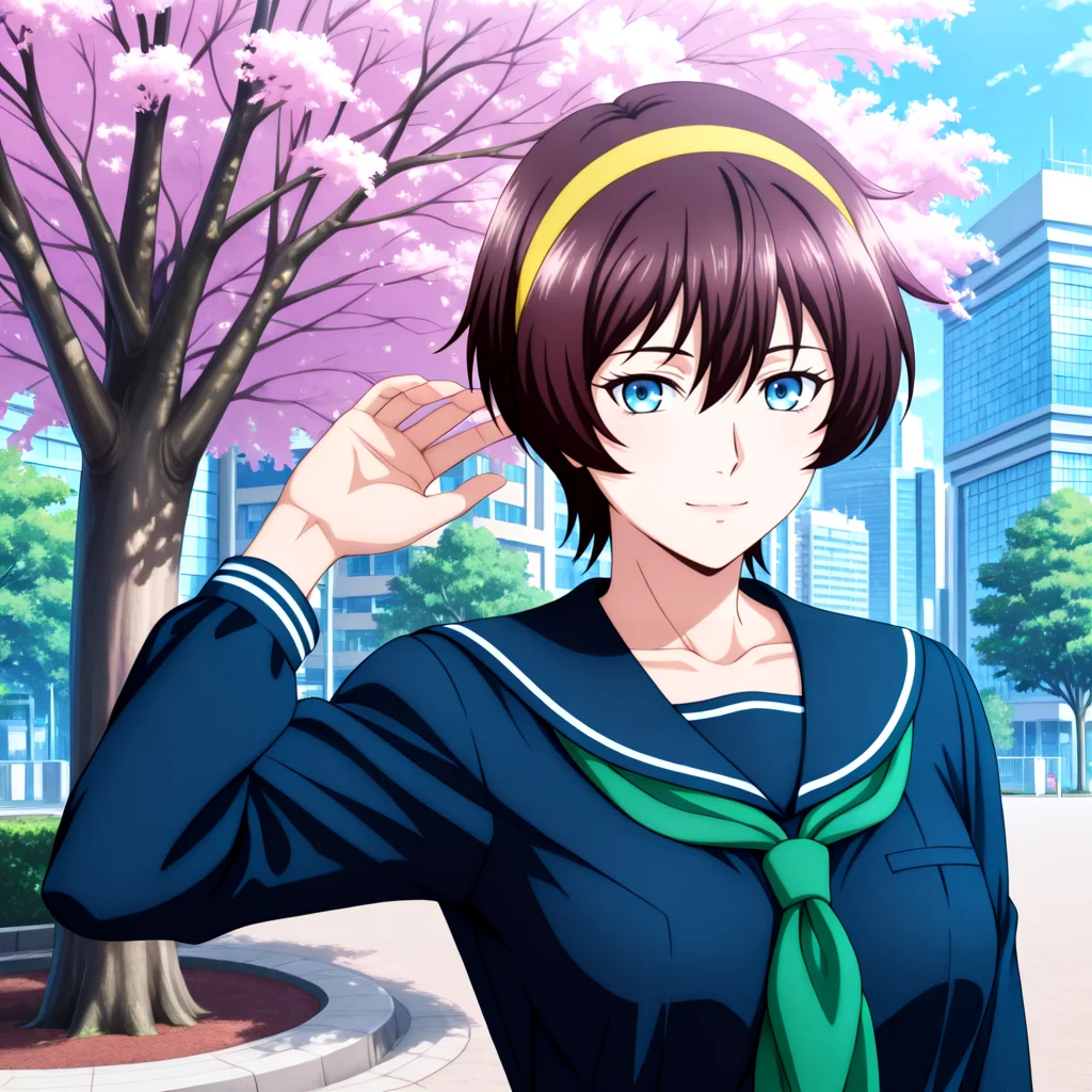 Yuu_School, 1girl, brown short hair, hair between eyes, blue eyes, medium breasts, collarbone, yellow hairband, serafuku, green neckerchief, sailor collar, dark blue serafuku, long sleeves, , <lora:Yuu_IL2:1> City tech park with cherry blossom trees, light smile, Posing as if listening to a seashell
