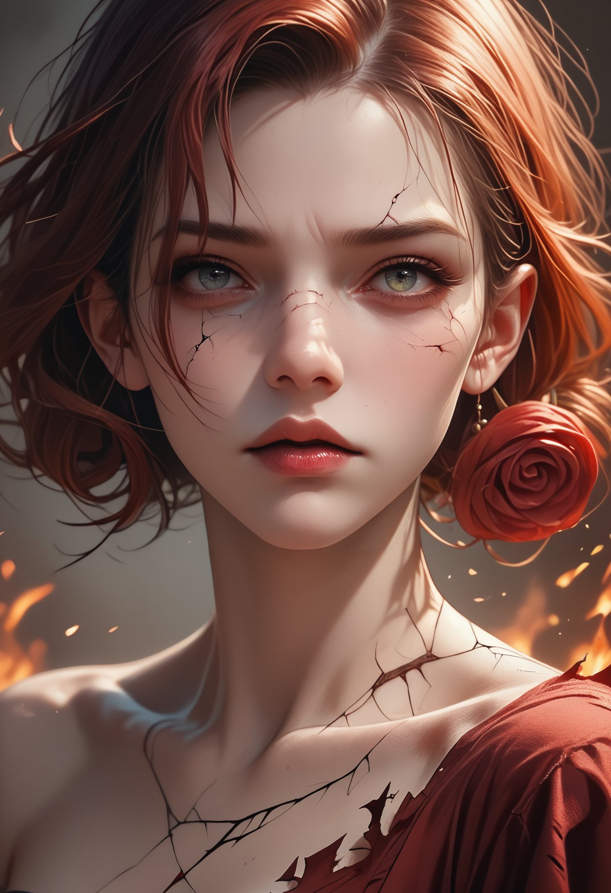 score_9,score_8_up,score_7_up,score_6_up, A hauntingly beautiful porcelain doll with small storms for eyes. Her skin is pale and cracked like porcelain. Her hair is red like wine with fire coming out. Her lips are sewn together except for one corner that is ripped and bleeding.