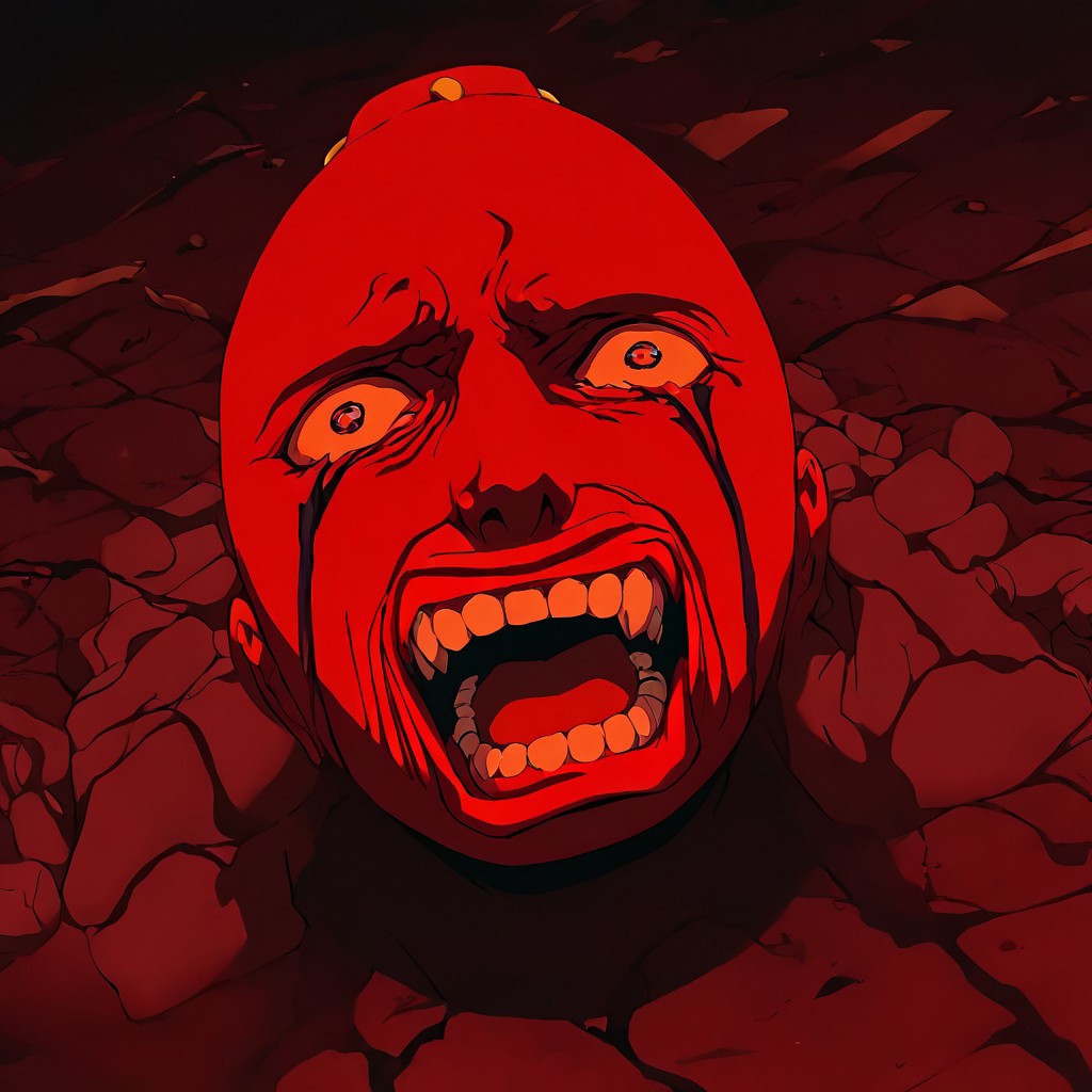 masterpiece, best quality, newest, absurdres, highres, 
anime, anime style,
BBH/EOK-V1.0-awoken, blood from eyes, screaming, teeth, shouting, wide-eyed, behelit, jewelry, bald,