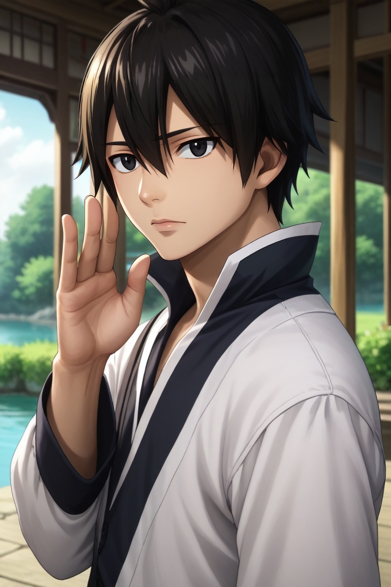 score_9, score_8_up, score_7_up, , rating_safe, intricate details, (photorealistic:0.6), looking at viewer, depth of field, 1boy, solo, male focus, <lora:zeref_fairy_tail_pony:0.82>, zeref_fairy_tail, black hair, black eyes, hair between eyes, upper body, pond, arch, japanese architecture, indoors, dark, waving, sad, , <lora:sdxl_lightning_8step_lora:1>