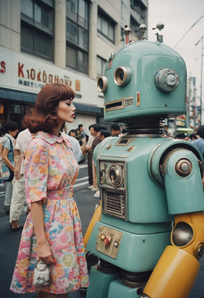 a surreal photo of a gorgeous sixties retro woman in a colorful dress kissing a big robot, it’s a cloudy day, walking in Tokyo, dark pastel colors, 35mm vintage kodak photography
