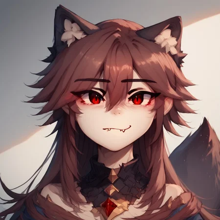 score_9, score_8_up, score_7_up, score_6_up, score_5_up, score_4_up, masterpiece, high quality,Kluclew_Art,1girl,Crydiaa,brown hair, hair between eyes, eyes visible through hair, fang,red eyes, animal ears, wolf tail, tail, wolf ears, animal ear fluff, bangs,long hair, red hair