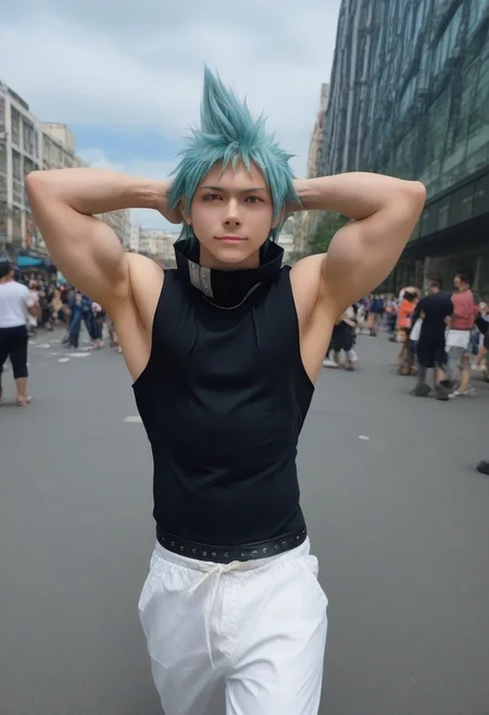 ((masterpiece)), ((best quality)), ((ultra-detailed)), ((absurdres)), score_9_up, score_8_up, score_7_up,
HD, top quality, best quality, amazing quality, High-quality illustrations, anime screencap, source_anime, best aesthetic, perfect proportions, perfect eyes, 1boy, 1male, solo boy, solo male, male focus, solo male focus, boy, real human, human male, asian, japanese, handsome, attractive, cute, charming, sexy, hot, ((tall, tall body, tall height)), ((fit body, lean body, slim waist, slender body)), easynegative, Expressiveh, neghands, updn, Male Cosplayer, cosplay costume, cosplay wig, colored contact lenses, ((sleeveless black top, white pants, light blue hair, spiked hair, green eyes, black star, showing armpits, hands behind head, cloud strife cosplay)), cosplay convention event, ((public event, many people walking background)), posing, happy, smiling