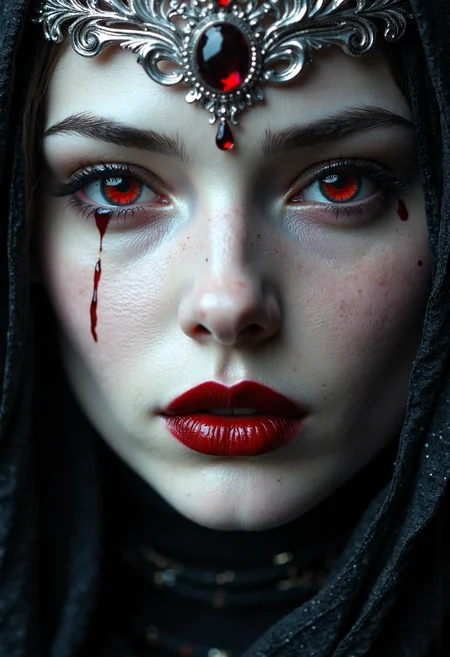A close-up of a pale woman's face with smooth white skin. Her lips are dark red and glossy, slightly parted to reveal white teeth. Her eyes are deep red, appearing as if blood is streaming from them. Blood trickles down from the eyes in thick, shiny streams. She is wearing a silver, intricately detailed tiara adorned with a single red gem at the center of her forehead. The tiara's design flows around her head, blending with the dark, black hood that surrounds her face. Her expression is solemn, yet hauntingly beautiful. The lighting highlights the contrast between her pale skin and the dark elements of her clothing. The background is a deep black, enhancing the intensity of her features and the overall mood of the image. The overall style is hyper-realistic, with a gothic, dark fantasy atmosphere.<lora:Flux/MysticRealismS.safetensors:1.0:1.0>