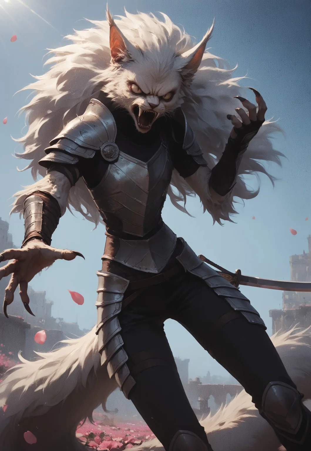 Score_9, score_8_up, score_7_up, (source_monster), low angle, fighting stance, ((reaching))
Outdoors, scenery, flower petals, dark theme, low light, god rays
Solo, 1girl, anthro Targath, slim, wide hips, very fluffy mane, fluffy tail, armor, sidelocks, hand up, holding sword, sword up, yelling, angry, thigh gap