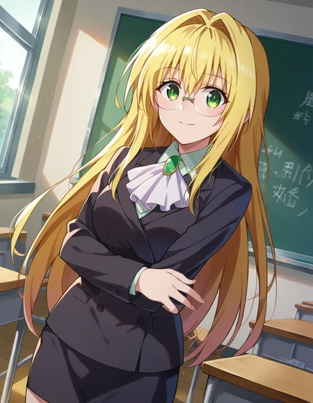 score_9, score_8_up, score_7_up, source_anime,
tearjulunatique, <lora:tearju-lunatique-ponyxl-lora-nochekaiser:1>,
tearju lunatique, long hair, blonde hair, green eyes, sidelocks, glasses, smile,
shirt, collared shirt, white shirt, suit, formal suit, long sleeves, ascot, white ascot, gemstone, green gemstone, skirt, pencil skirt,
indoors, classroom, teaching, chalkboard,
looking at viewer, cowboy shot, dutch angle, dynamic pose,