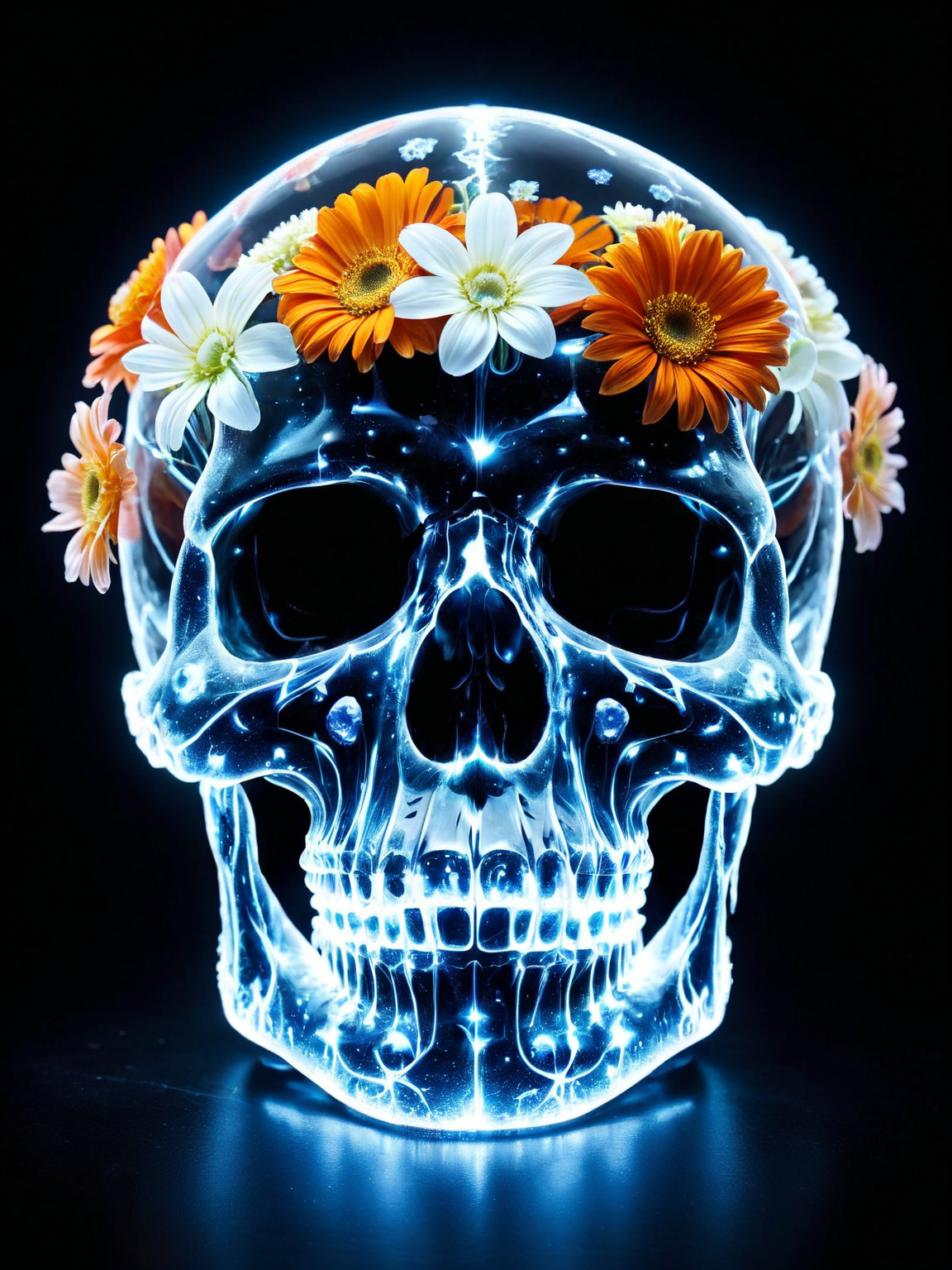 A macabre still life of ais-blmn flowers arranged in a crystal skull. <lora:ais-blmn-sdxl:1>