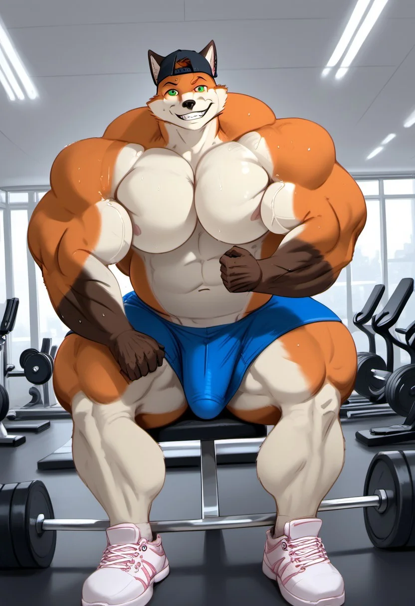(masterpiece,best quality:1.2), (masterpiece, best quality), score_9, score_8_up, score_7_up, source:furry, dynamic lighting, detailed background, in the gym, anthro, furry, detailed eyes. detailed face, furry male,
BREAK
gay, gay muscular anthropomorphic furry, furry male, male focus, fox, green eyes, orange fur, pink spiked hair, (highly detailed face, highly detailed eyes), aroused expression, looking at viewer, waring pink shirt, and blue shorts muscular, hyper muscle, hyper muscular, hyper pectorals, hyper biceps, hunks, hyper thigh, hyper ass, hyper pecs, big biceps, pecs, big bulge, bubblebutt, huge ass, big butt, backwards black hat, smirk, huge butt, sweaty, very high quality,
BREAK
<lora:add-detail-xl:1.5>,
<lora:DetailedEyes_V3:1>