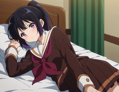 score_9, score_8_up, score_7_up, source_anime,
reinakousaka, <lora:reina-kousaka-ponyxl-lora-nochekaiser:1>,
reina kousaka, long hair, bangs, black hair, purple eyes,
ponytail, skirt, shirt, long sleeves, school uniform, pleated skirt, serafuku, neckerchief, brown skirt, white sailor collar, brown shirt, kitauji high school uniform, red neckerchief,
indoors, bed, bed room, on side, blush, drunk,
looking at viewer, cowboy shot, dutch angle,