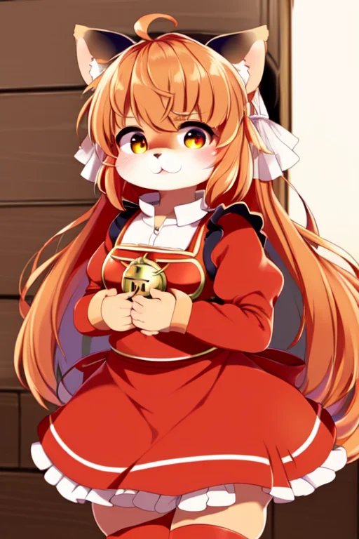 safe for work, (art by nefuraito336), (best quality:1.5), solo, furry girl, cat, ahoge, long hair, (cute round face), (red skin), fluffy tail, ((dirndl)), ((in house)),