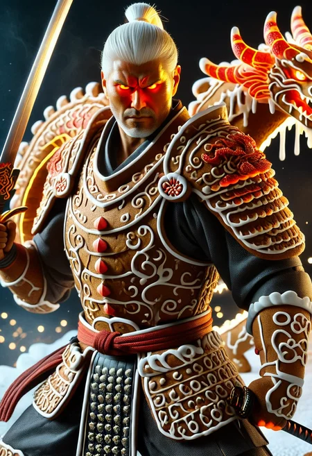 GBKnight, masterpiece, best quality, stunning detail, highly aesthetic, absurdres, ponytail, white hair, yellow eyes, glowing eyes, muscular, massive, (A close up cinematic shot of colossal figure as a samurai holding a katana in front of their face, the katana is detailed with a red glowing dragon swirling around the blade, extremely detailed. gingerbread samurai, gingerbread armor:1.2), black sliced background