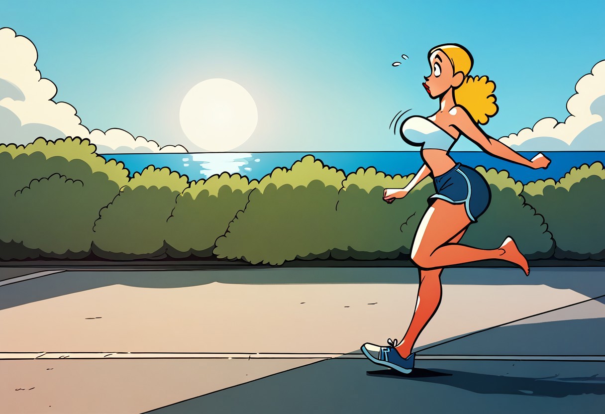 score_9, score_8_up, score_7_up BREAK solo, Palomita, 1girl, blonde hair, black eyes, lipstick, medium breasts, white tube top, dolphin shorts, bare shoulders, side view, jogging, running shoes, bouncing breasts, flying sweatdrops, city silhouette, on sidewalk, bushes. outdoors, blue sky, blue sky, sun, medium hips, curvy, barefoot, solo