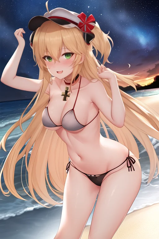 masterpiece, best quality, highres, solo, {night:1.10}, {starry sky:1.10}, beach, beautiful detailed sky, {extremely detailed background:1.20}, {admiral_hipper_azurlane:1.10}, {standing:1.10}, looking at viewer, {bikini:1.30}, blonde_hair, long_hair, green_eyes, two_side_up, bangs, ahoge, hair_between_eyes, blush, cross, breasts, iron_cross, mole, open_mouth, mole_under_eye, hat, collarbone, small_breasts, light smile