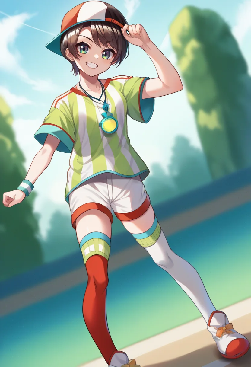 score_9, score_6_up, source_anime, 1girl, solo, standing, full body, dutch angle, outdoors, subaru_sports, striped shirt, white shorts, baseball cap, whistle around neck, red thighhighs, white thighhighs, asymmetrical legwear, smile, dynamic pose <lora:shubashubaXL-05:1>