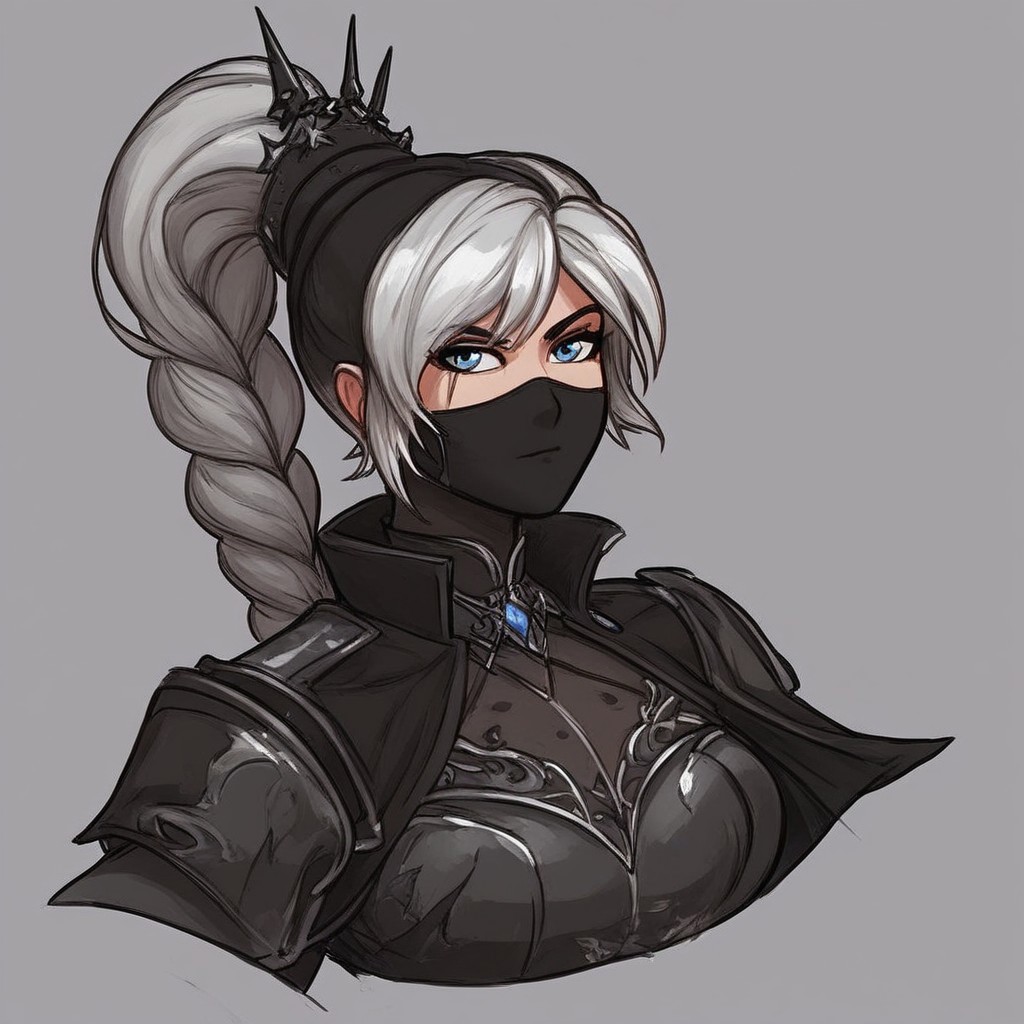 score_9, score_8_up, sexy 20yo girl, naturalism,hyperrealistic, Weiss Schnee, RWBY, toned, black leather armor, fantasy assassin, ((Nightingale Armor)), hood, mouth mask, scar on the eye and eyebrows, three-quarter pose:1.6, fully clothed, hair tied in thick braid, (((fantasy rogue aesthetic))), upper body focus, solo