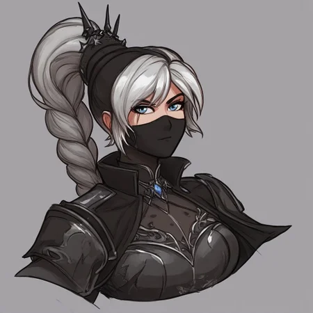 score_9, score_8_up, sexy 20yo girl, naturalism,hyperrealistic, Weiss Schnee, RWBY, toned, black leather armor, fantasy assassin, ((Nightingale Armor)), hood, mouth mask, scar on the eye and eyebrows, three-quarter pose:1.6, fully clothed, hair tied in thick braid, (((fantasy rogue aesthetic))), upper body focus, solo