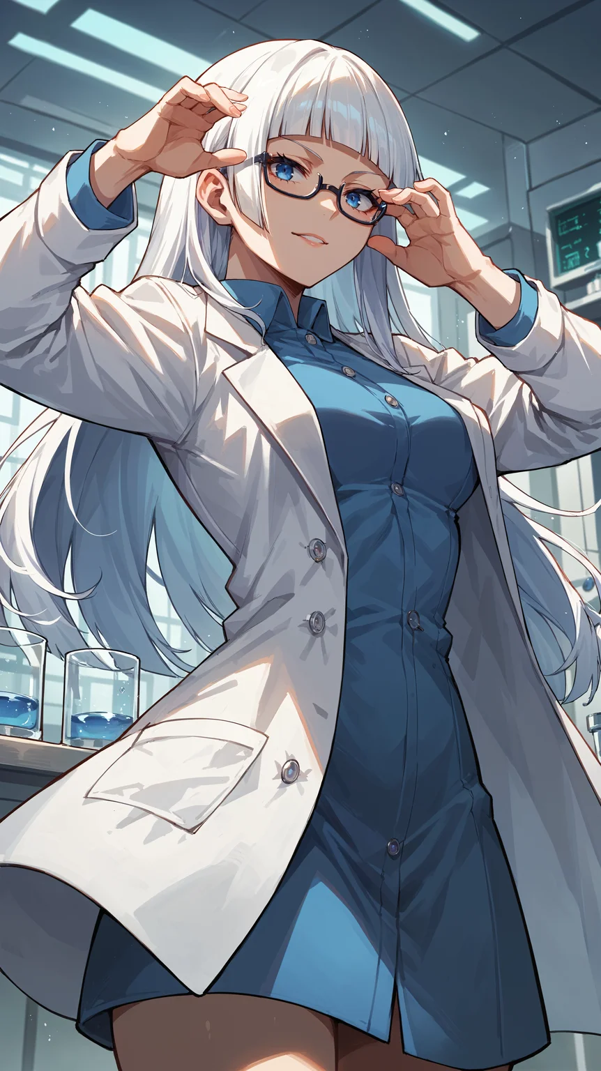 score_9,score_8_up,score_7_up,score_6_up, <lora:xl_more_art-full_v1:0.5>, source_anime, girl, dynamic pose, dynamic pose, <lora:Saiko Intelli - Pony-000004:0.8>, long hair, white hair, blunt bangs, blue eyes, glasses, lab coat, laboratory, research, adjusting eyewear,