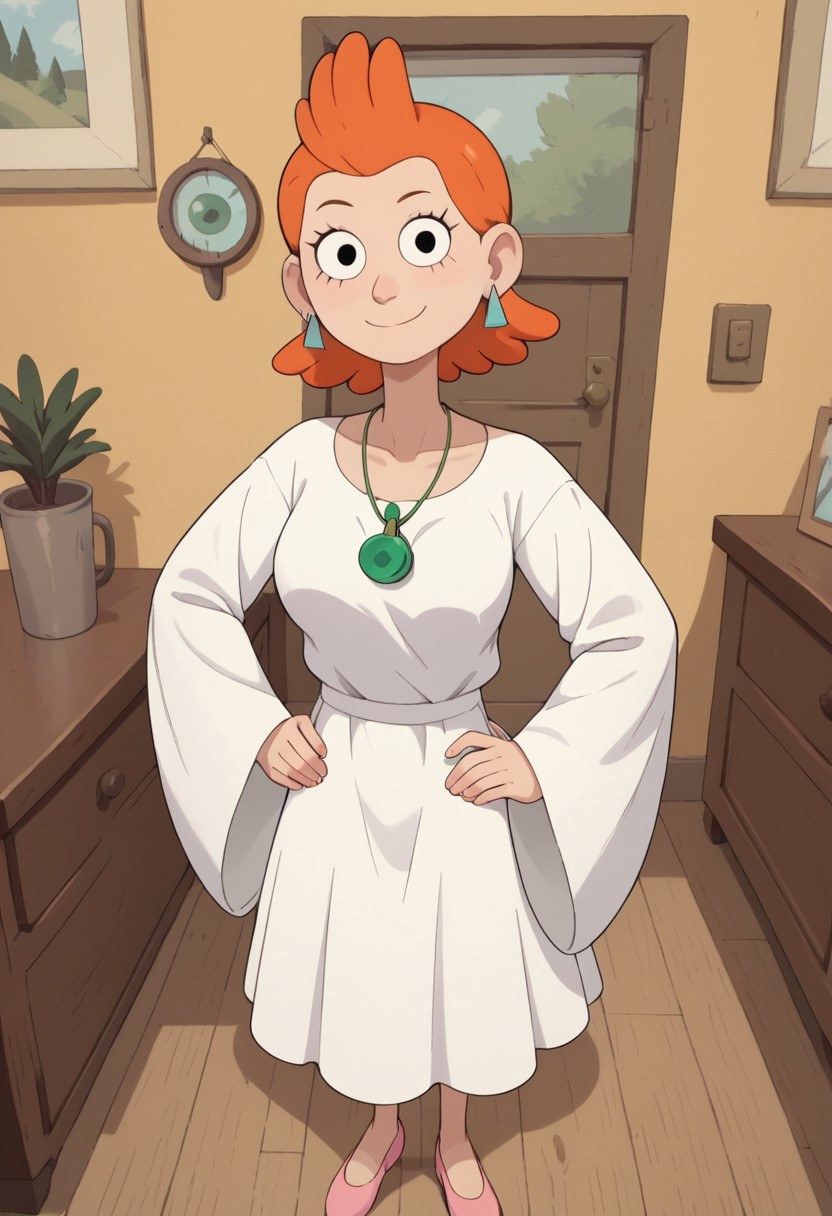 ((room background)),score_9, score_8_up, score_7_up,score_6_up, 
1girl, solo, Sue_C, light skin, black eyes, short voluminous hair, vibrant orange hair, light blue triangular earrings, white dress with long loose sleeves, green medallion around her neck, light pink flat shoes, big eyes, cute, tall stature, social smile, perfect eyes, perfect smile, looking at the viewer, detailed eyes, perfect eyes, standing, big breasts (front pose, front view, full body shot, high angle view:1) five fingers, perfect hands, (hand on hip, hand behind head)