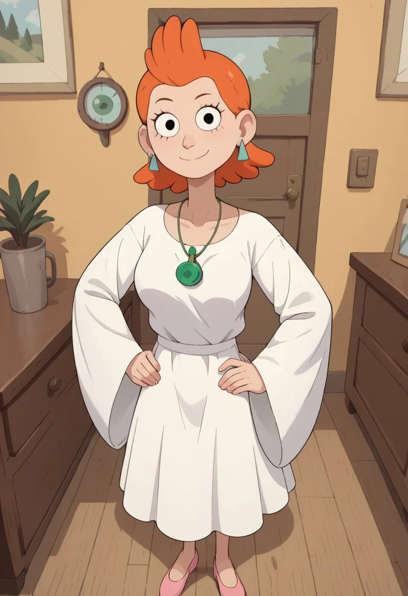 ((room background)),score_9, score_8_up, score_7_up,score_6_up,
1girl, solo, Sue_C, light skin, black eyes, short voluminous hair, vibrant orange hair, light blue triangular earrings, white dress with long loose sleeves, green medallion around her neck, light pink flat shoes, big eyes, cute, tall stature, social smile, perfect eyes, perfect smile, looking at the viewer, detailed eyes, perfect eyes, standing, big breasts (front pose, front view, full body shot, high angle view:1) five fingers, perfect hands, (hand on hip, hand behind head)