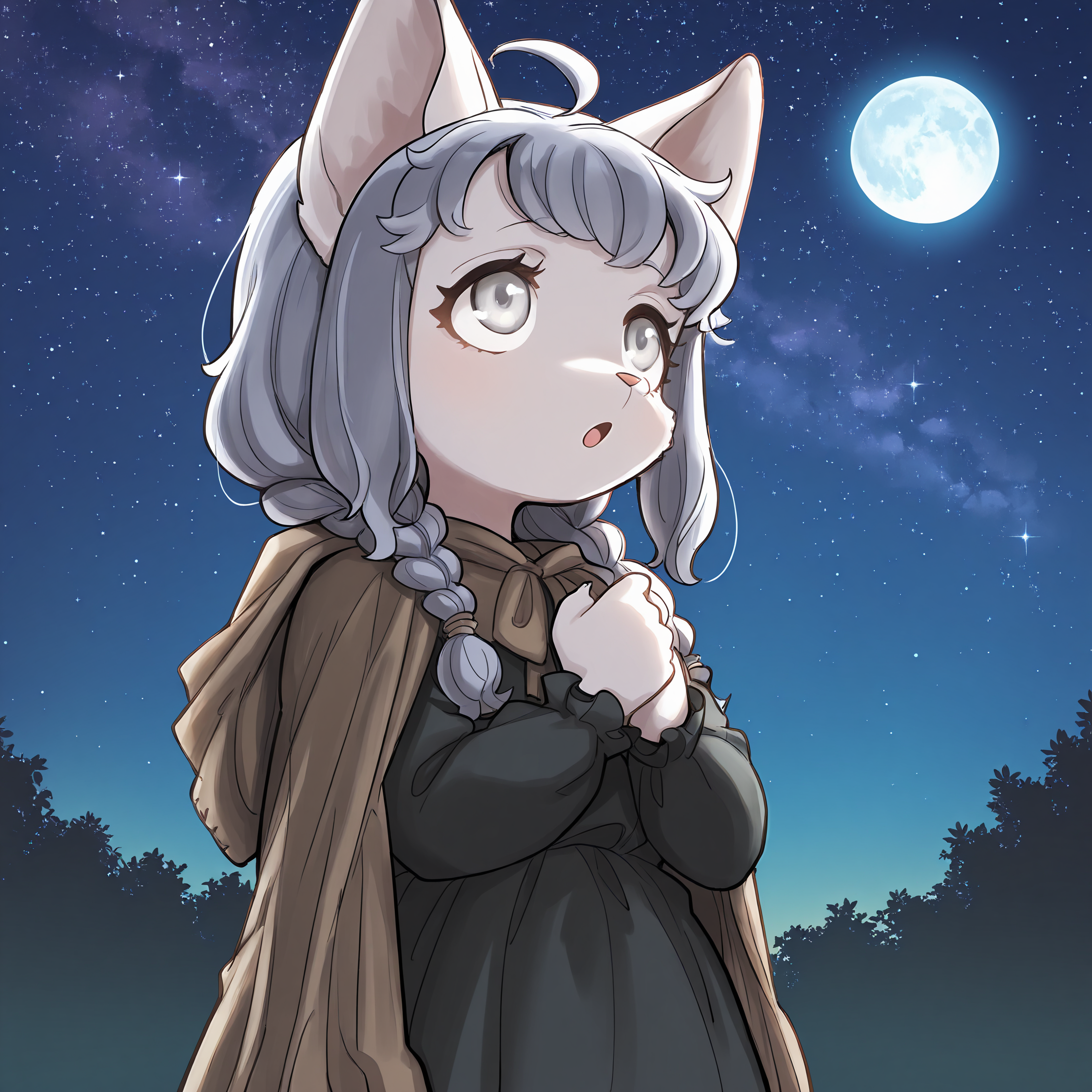 BREAK, <lora:Sheena_Falafel:1>, Sheena Falafel, Fuga: Melodies of Steel, kemono, furry female, young female, 1girl, cat girl, white fur, grey eyes, pastel blue hair, long hair, ahoge, bangs, sidelocks, animal ears, cat ears, animal nose, pink nose, Fuga 1 appearance, twin braids,
BREAK, Fuga 1 Outfit, claws, black dress, brown cloak,
BREAK, solo, half body, low angle view, hands together, hands on chest, looking up, curious, :o, outside, night, stars, moon,