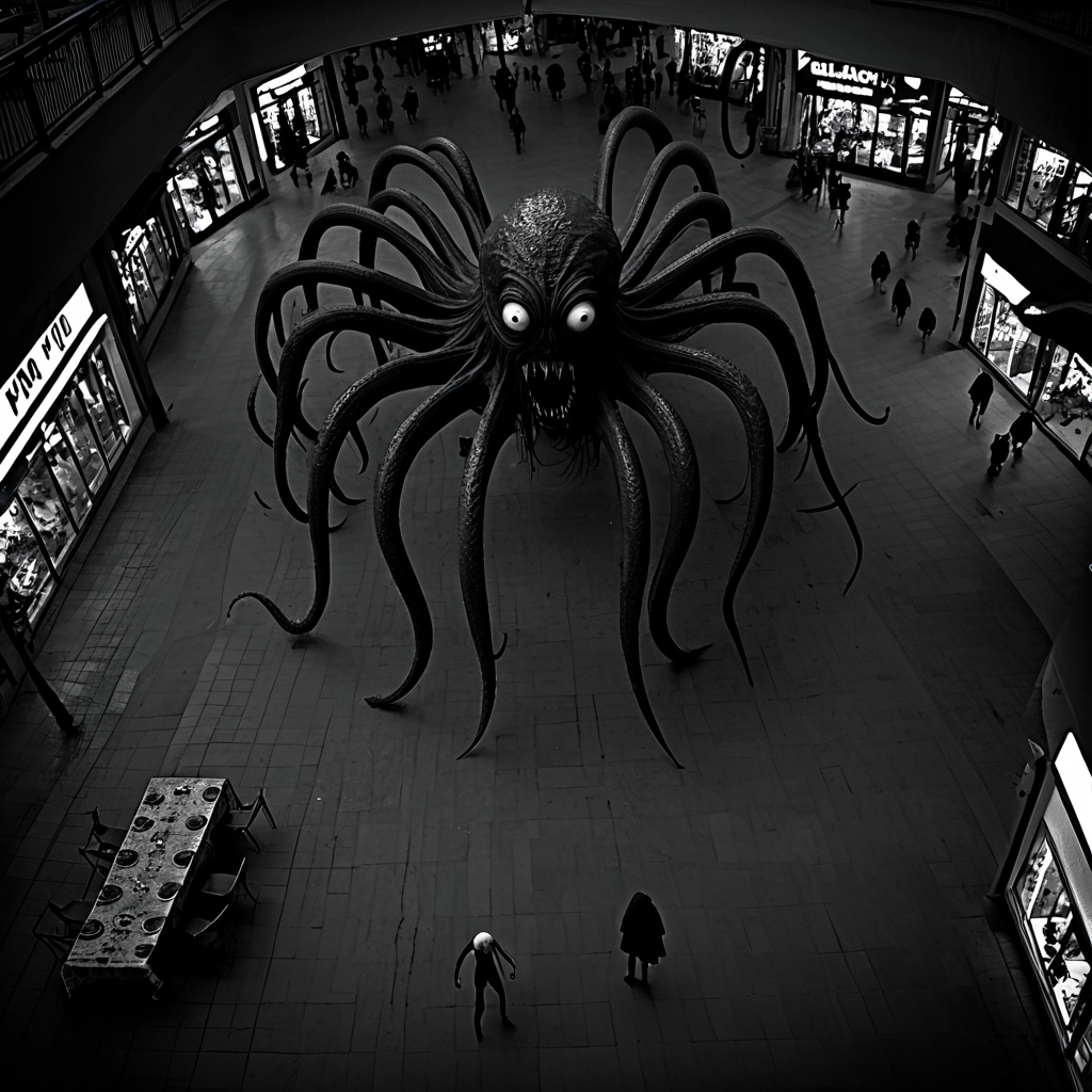 horrorcctvlora, public mall, horror (theme), monster, tentacles, monochrome, hiding tables, bird view