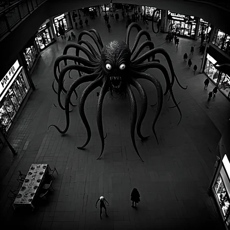 horrorcctvlora, public mall, horror (theme), monster, tentacles, monochrome, hiding tables, bird view