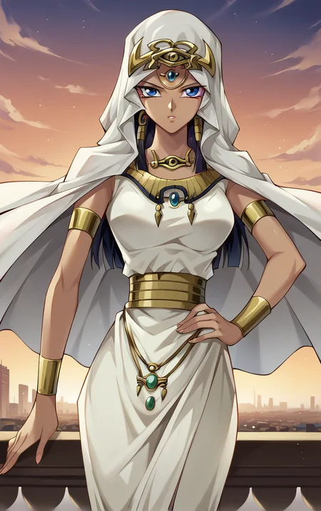 score_9, score_8_up, score_7_up, BREAK
ANIME_YuGiOh_IshizuIshtar_ownwaifu,
1girl, black hair, blue eyes, breasts, dark-skinned female, forehead jewel, hair tubes, hood, jewelry, dark skin, necklace, long hair, armlet, hood up, bracelet, collarbone, ankh, headdress, earrings, gem, bracer, circlet, lips, anklet, makeup, medium breasts,
long dress, white dress, egyptian clothes, eye of horus, gold, gold belt, cape, veil, dress, white cape, hooded cloak, belt,
(contrapposto, hand on hip), sunset, sidelighting, cityscape, vanishing point, outdoors, <lora:PONYXL_YuGiOh_IshizuIshtar_ownwaifu:1> , depth of field, solo,