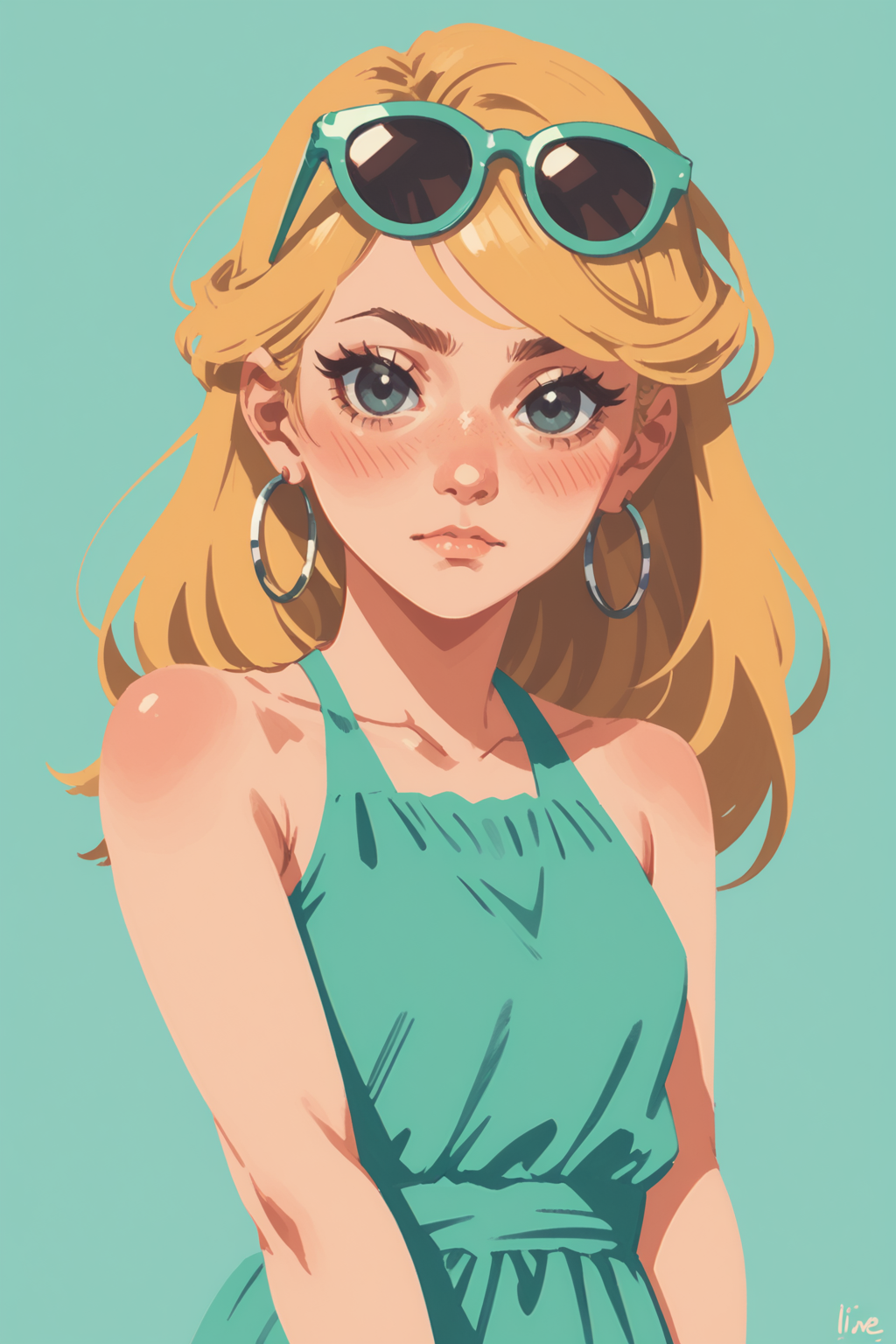 1girl, blonde hair, solo, dress, earrings, jewelry, eyewear on head, long hair, sunglasses, simple background, looking at viewer, black eyes, sleeveless dress, hoop earrings, sleeveless, closed mouth, breasts, small breasts, bare shoulders, green dress, white-framed eyewear, blush, collarbone, aqua dress, bare arms, upper body, , frills, cowboy shot, swept bangs,, eyelashes, Leni Loud, zPDXL3,  PnyCmicXLPOS, detailxl,  (lineless, vector art:1.5)
