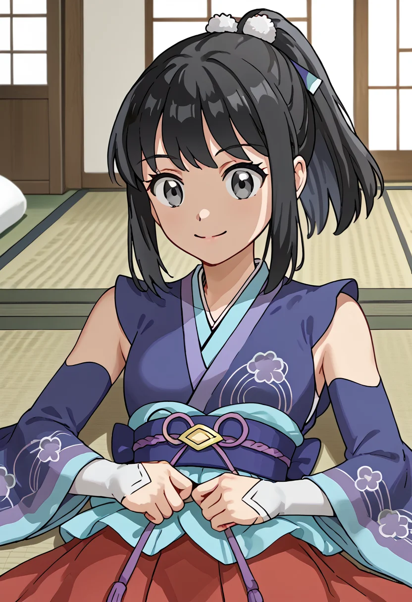 Lying on the stomach, pretending to fly like superman,  smile,  indoors,  1girl, <lora:DawnPony:1>  Daw_NYear, long hair, black hair, ponytail, sidelocks, grey eyes, hair ornament, hair ribbon, purple kimono, detached sleeves, blue sleeves, red skirt, pleated skirt, white socks,