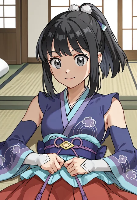 Lying on the stomach, pretending to fly like superman,  smile,  indoors,  1girl, <lora:DawnPony:1>  Daw_NYear, long hair, black hair, ponytail, sidelocks, grey eyes, hair ornament, hair ribbon, purple kimono, detached sleeves, blue sleeves, red skirt, pleated skirt, white socks,