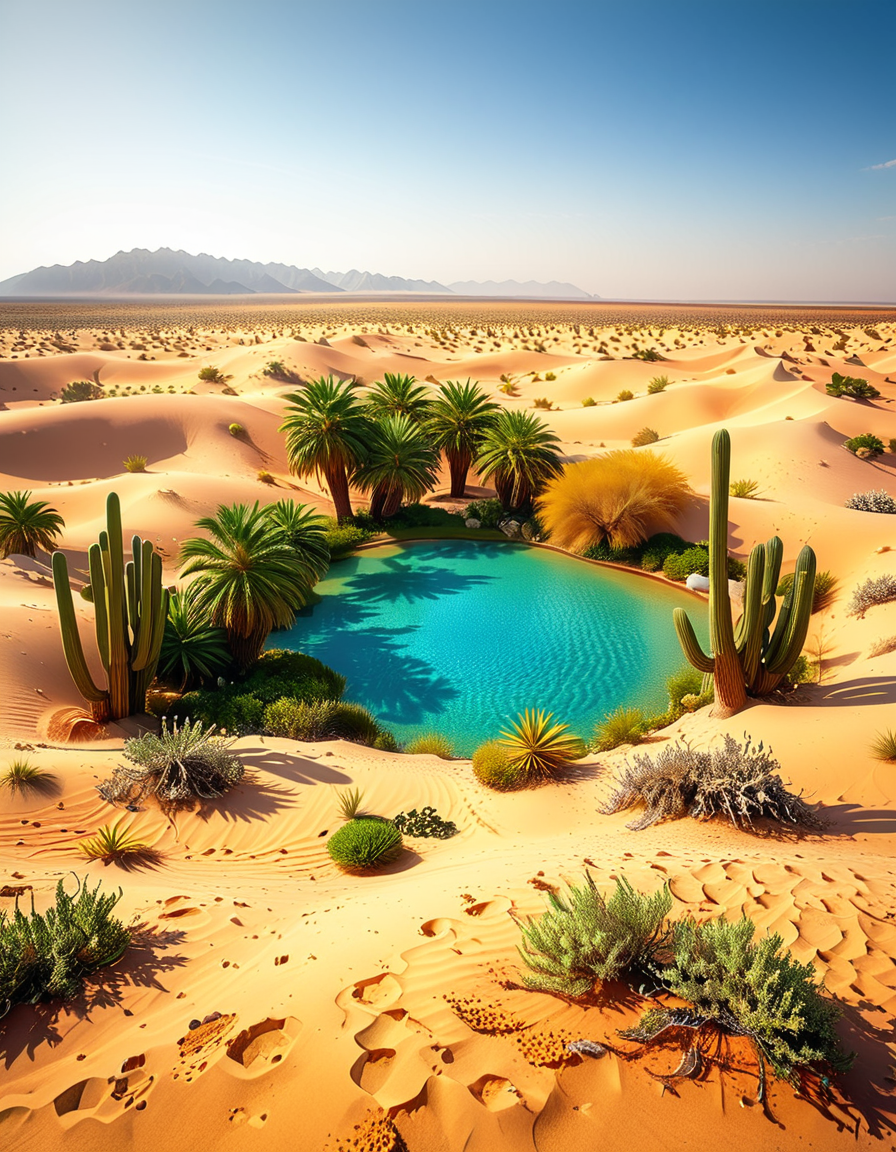 A serene oasis in the middle of an expansive golden desert, surrounded by rolling sand dunes under a vibrant blue sky. The oasis features a small, crystal-clear lagoon with calm, reflective water, bordered by lush green palm trees and colorful tropical plants. The scene is bathed in warm sunlight, with soft golden light illuminating the sand and creating subtle shadows among the dunes. In the background, faint silhouettes of distant mountains blend into the horizon. A few wisps of white clouds drift lazily in the sky, adding depth and texture to the composition. The overall atmosphere is peaceful and tranquil, evoking a sense of calm and wonder in the harsh desert landscape.<lora:SDXLFaeTastic2400:0.4> <lora:extremely_detailed:0.4> extremely detailed, <lora:O4s1s:1>,O4s1s, Masterpiece,best quality,hi res,8k,hi res,8k,award winning,(sharp focus, intricate, highly detailed),