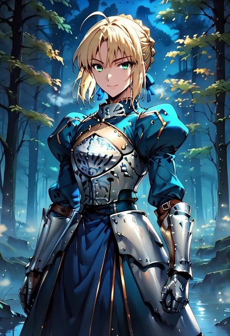score_9, SaberFS,
1girl, solo, light smile,
blonde hair, green eyes, short hair, french braid, ahoge,
SaberArmor, breastplate, blue dress, gauntlets, juliet sleeves, faulds,
standing, looking at viewer,
outdoors, night, blue theme, fog, forest