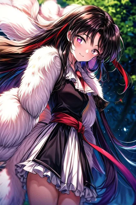 masterpiece, best quality 1girl Setsun4 solo long hair, (night time) forest background black hair very long hair purple eyes multicolored hair armor (fur trim) (medium body),<lora:EMS-179-EMS:0.800000>,<lora:EMS-293862-EMS:0.800000> bow, hair_bow, hair_tubes, red_bow, brown_hair, long_hair, bangs, sidelocks, ascot, brown_eyes, frilled_bow, yellow_ascot, blush, smile, hair_between_eyes, athletic
