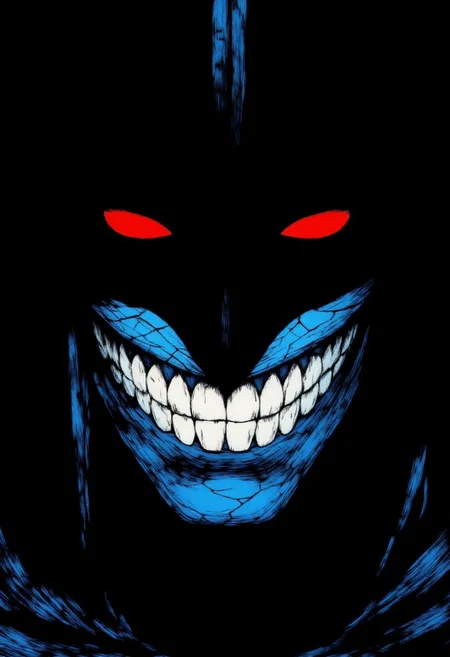 A terrifying close-up portrait in anime/horror graphic novel style: a blue-skinned undead knight with a cracked, angular helmet, glowing red eyes with black sclera, and an impossibly wide grin full of razor-sharp white teeth. The expression is frozen in a sadistic smile, with high-contrast comic-style shading and deep black lines. The background is dark, nearly black, and the character's face is lit in flat blue tones, adding a chilling, supernatural atmosphere. The eyes radiate dread, and vertical stress lines emphasize their unnatural focus. The image is stylized like a dark manga panel, highly detailed and screen-filling.