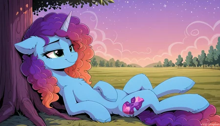 resolution, masterpiece, high resolution, (SOLO: 1.2) my little pony, friendship is magic, wild, detailed background,
farm sweet apple,pony <lora:Misty111:1> Misty Brightdawn rebirth look, gradient hair, purple and orange hair blue body unicorn, eyes green , sits leaning back against a tree,