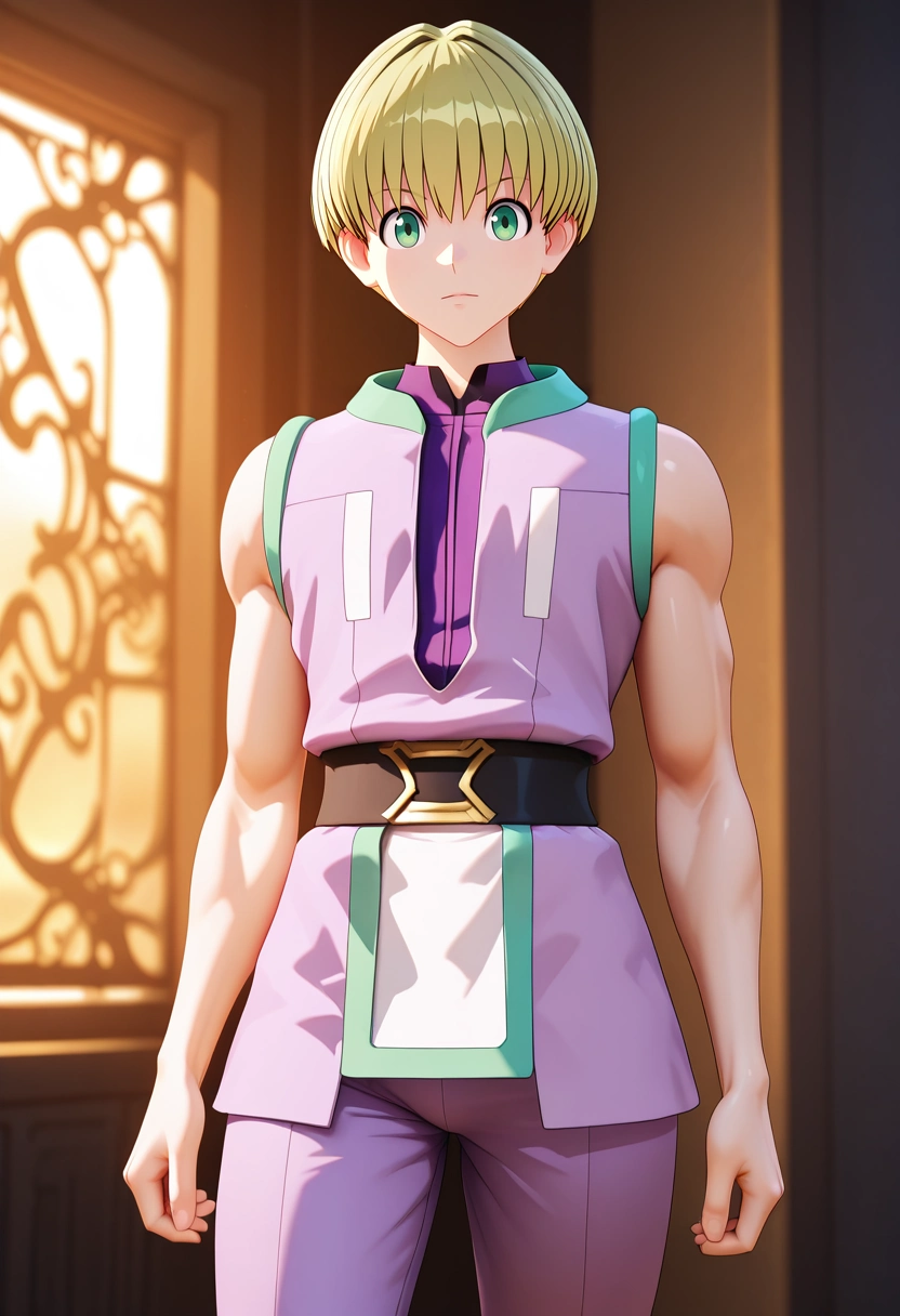 masterpiece, best quality, intricate details, (3d:0.4), looking at viewer, 1boy, solo, male focus, <lora:shalnark_ryuseih_ilxl:0.98>, shalnark_ryuseih, blonde hair, green eyes, short hair, bangs, sleeveless, purple shirt, purple pants,
