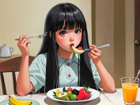 little thunder, style,1girl,solo,long hair,looking at viewer,bangs,shirt,black hair,holding,sitting,food,blunt bangs,medium hair,black eyes,cup,fruit,leaf,eating,table,plate,fork <lora:merged model:1>