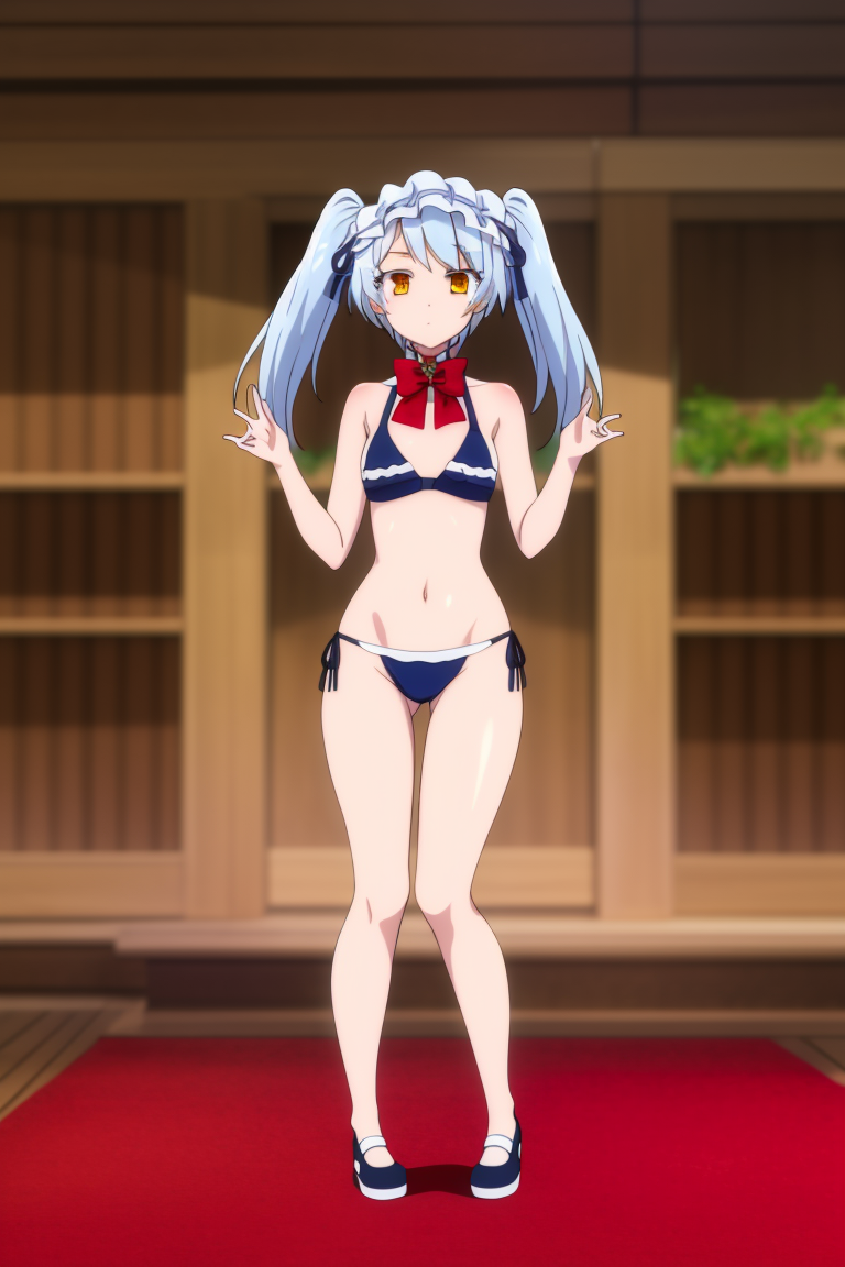 (masterpiece, best quality, high quality, highres, ultra-detailed),shape image, 1girl,solo,dance pose,full body,twintails,Mary Janes shoe, looking at viewer,  long hair, brown eyes, (bikini),Leen's  bule bikini,, <lora:leen_trian3:1>,red bow tie,library background ,