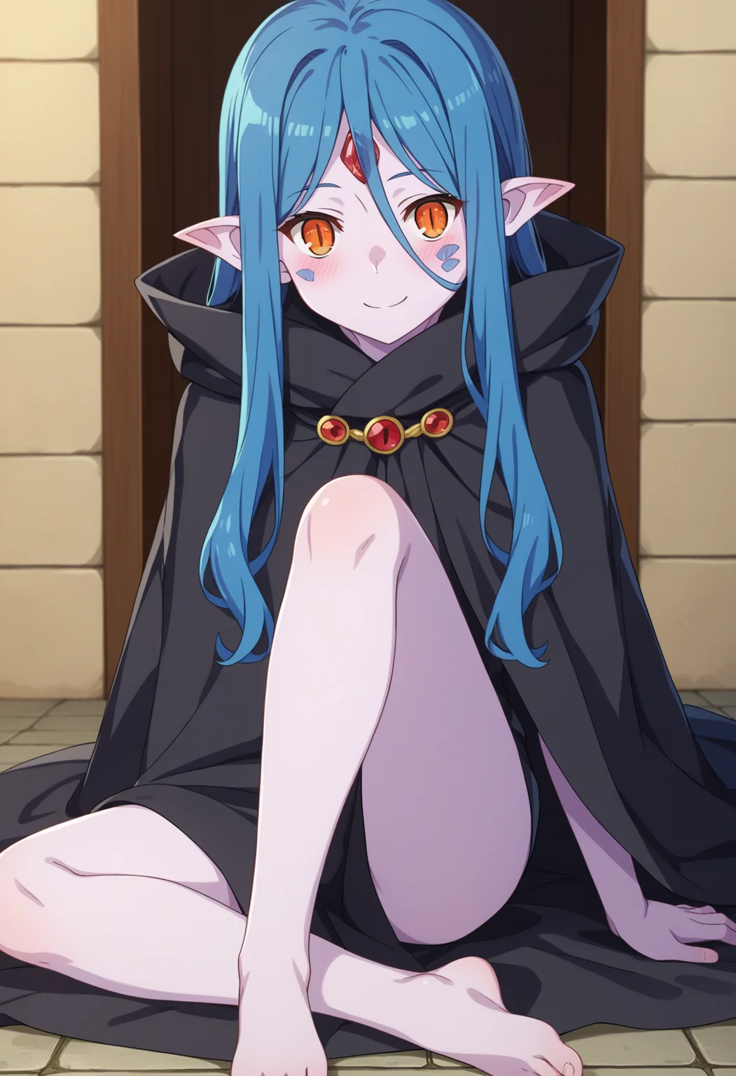 score_9, score_8_up, score_7_up, source_anime,
BREAK
1girl, solo, 
<lora:shiDanMemoWieneV1:0.8>, shiwieneblackcloak, long hair, 
blue hair, orange eyes, slit pupils, colored skin, facial mark, pointy ears, forehead jewel, hair between eyes, 
cloak, black cloak, barefoot, 
looking at viewer, smile, blush,