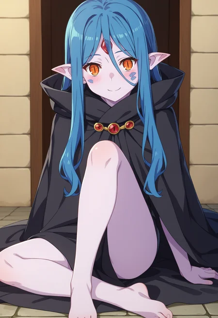 score_9, score_8_up, score_7_up, source_anime,
BREAK
1girl, solo,
<lora:shiDanMemoWieneV1:0.8>, shiwieneblackcloak, long hair,
blue hair, orange eyes, slit pupils, colored skin, facial mark, pointy ears, forehead jewel, hair between eyes,
cloak, black cloak, barefoot,
looking at viewer, smile, blush,