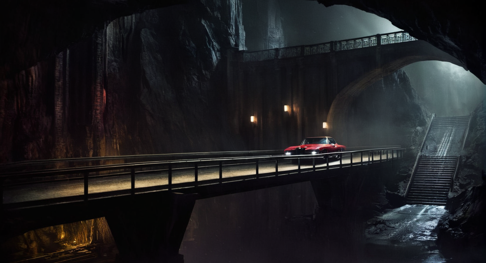 Dark Fantasy Art of  <lora:Gotham City:1.2>
Gotham City a car on a bridge inside batcave, dark, moody, dark fantasy style