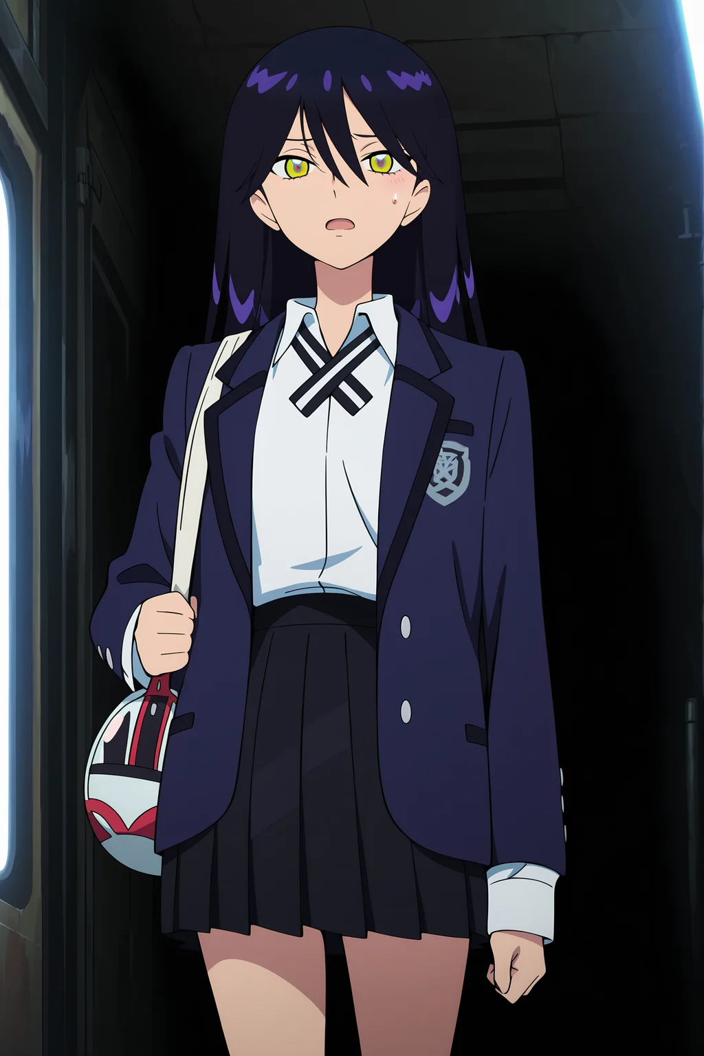 volumetric lighting, official style, amazing quality, ultra detailed, highres, detailed background, anime screenshot, anime screencap, anime coloring, masterpiece, detailed face,1girl <lora:Nyann___:0.9>Nyann, long hair, bag, open mouth, multicolored eyes, solo, shirt, shoulder bag, jacket, dark purple hair, skirt, school uniform, collared shirt, multicolored eyes, white shirt, holding, hair between eyes, long sleeves, looking at viewer, sweatdrop, pleated skirt, black skirt, bangs